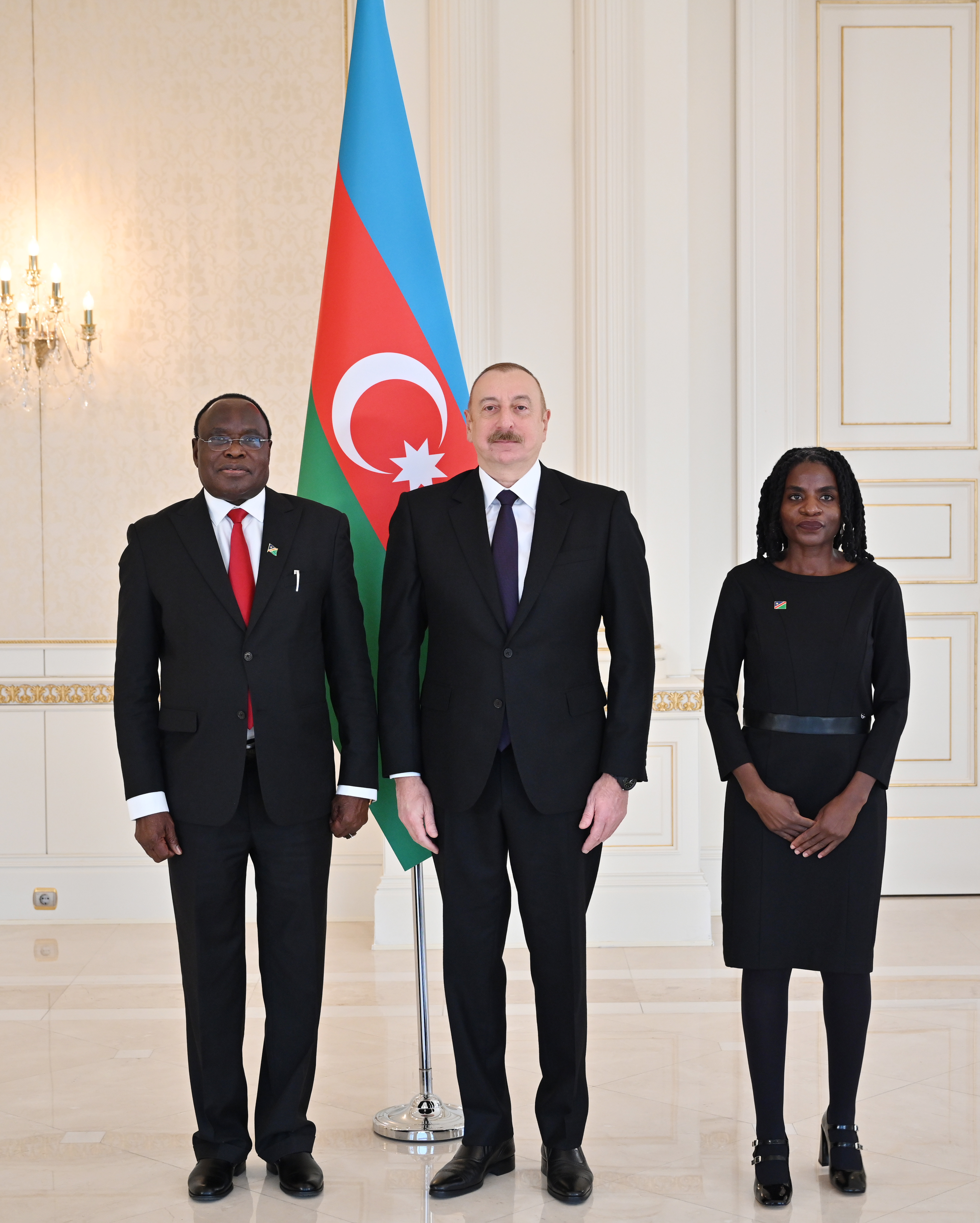 Group Photo L to R Ambassador Kashuupulwa,President Ilham Aliyevand Ms. M. Mweneni Shiweda, First Secretary, Embassy of the Republic of Namibia